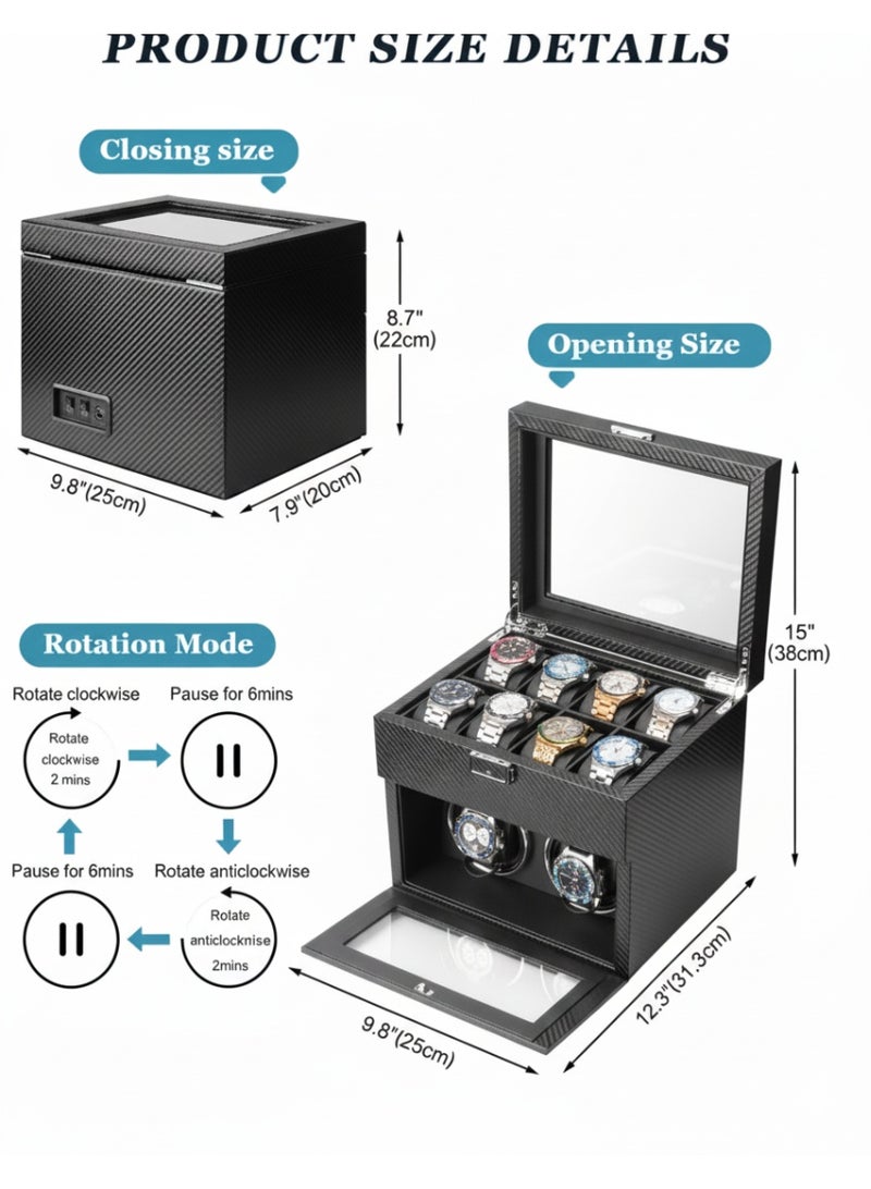 Al Seraj Automatic Double Watch Winder Box with 8 Watch Storage Slots & 2 Watch Winders | Japanese Ultra-Quiet Motor | LED Light | Carbon Fiber Leather Display Case with Adjustable Pillows for Men & Women Watches – Black - Image 2