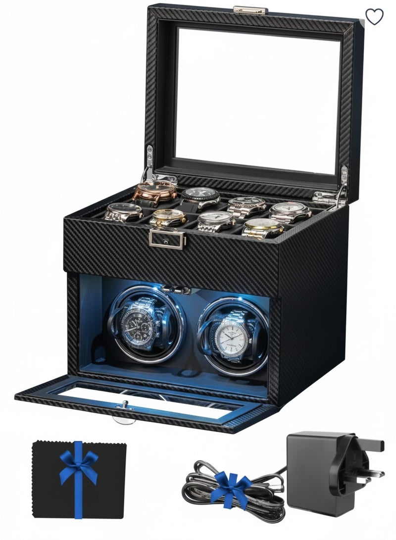 Al Seraj Automatic Double Watch Winder Box with 8 Watch Storage Slots & 2 Watch Winders | Japanese Ultra-Quiet Motor | LED Light | Carbon Fiber Leather Display Case with Adjustable Pillows for Men & Women Watches – Black - Image 3