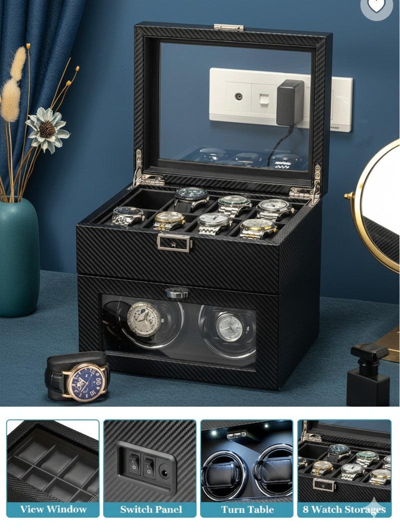 Al Seraj Automatic Double Watch Winder Box with 8 Watch Storage Slots & 2 Watch Winders | Japanese Ultra-Quiet Motor | LED Light | Carbon Fiber Leather Display Case with Adjustable Pillows for Men & Women Watches – Black - Image 4