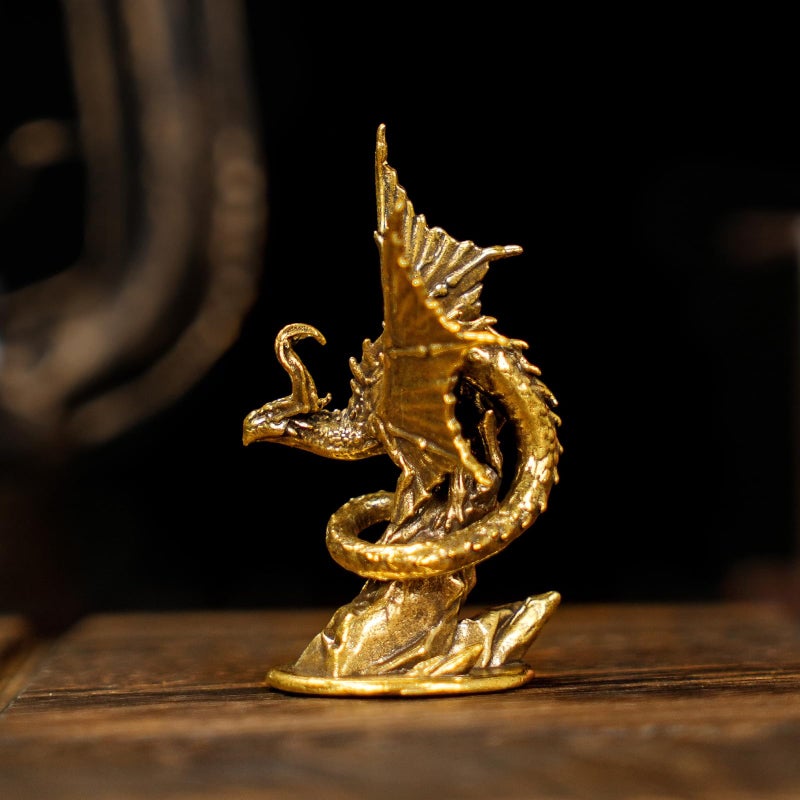 CHOVY Majestic Demon Dragon Perched on Rock Wings Spread - Handcrafted Retro 100% Solid Brass-Ideal Home Decor Desk Ornament Collectible Artwork Office Accent Artistic Scene Decoration - Image 1