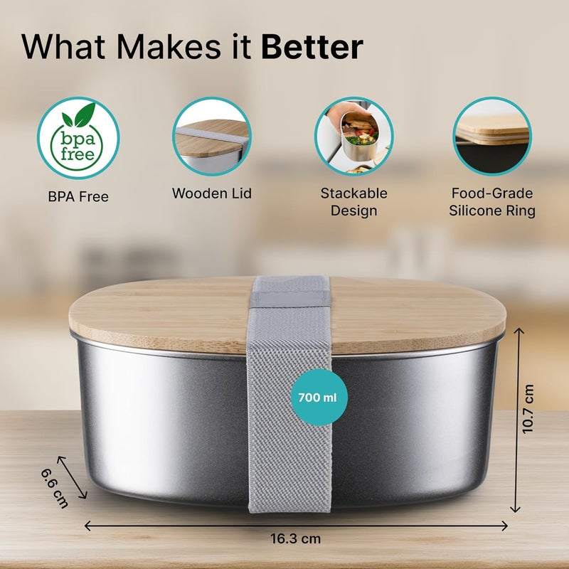 The Better Home حاوية ستانلس ستيل آمنة في الميكروويف 700 مل مع غطاء من الخيزران - Image 3