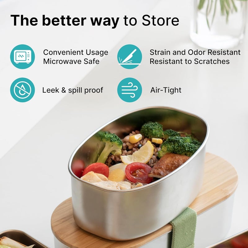 The Better Home حاوية ستانلس ستيل آمنة في الميكروويف 700 مل مع غطاء من الخيزران - Image 2