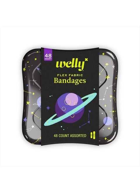 Bandages | Adhesive Flexible Fabric Bravery Badges | Assorted Shapes for Minor Cuts, Scrapes, and Wounds | Colorful and Fun First Aid Tin | Space Patterns - 48 Count