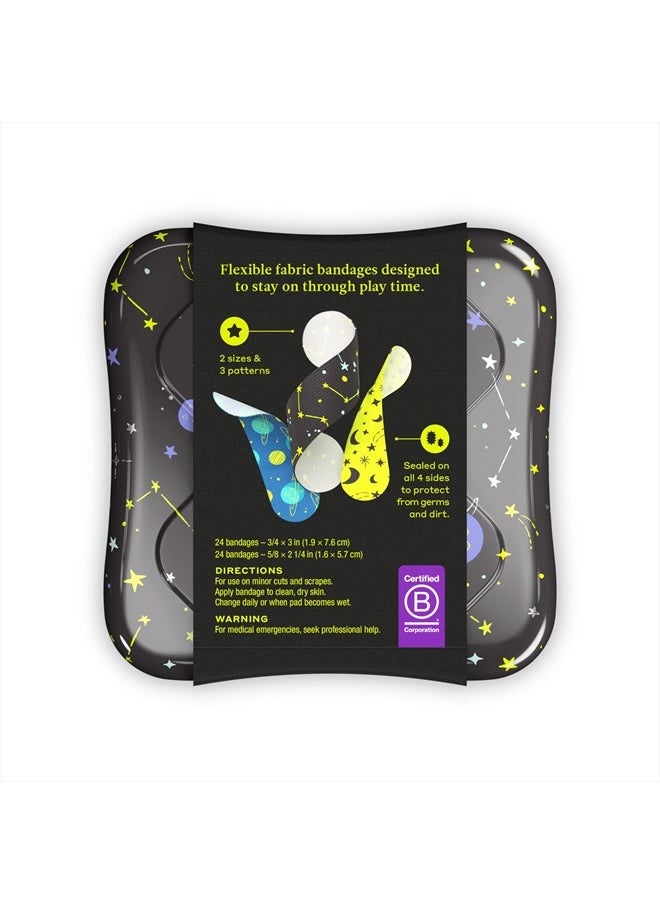 Bandages | Adhesive Flexible Fabric Bravery Badges | Assorted Shapes for Minor Cuts, Scrapes, and Wounds | Colorful and Fun First Aid Tin | Space Patterns - 48 Count