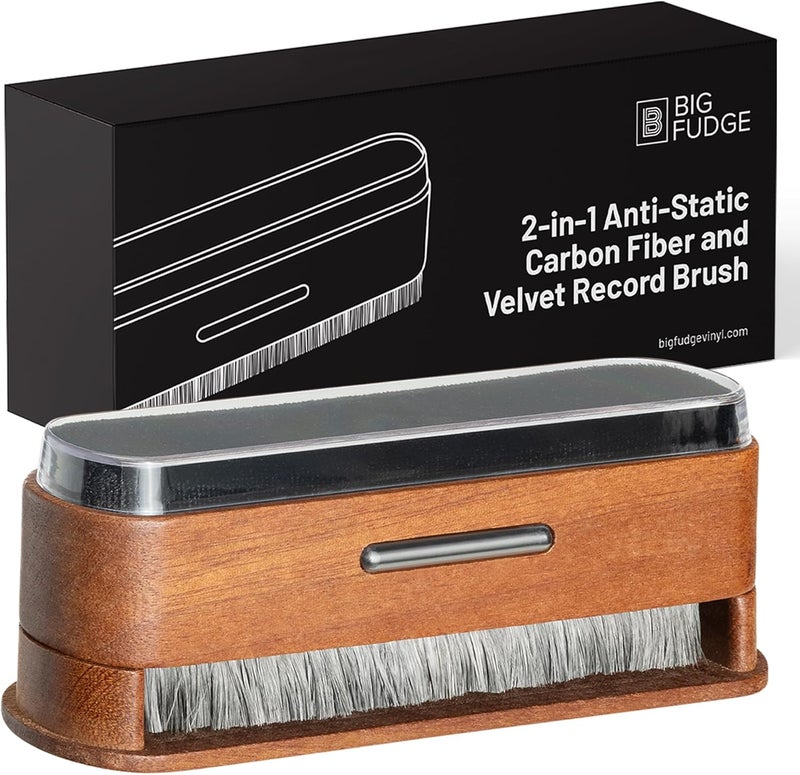 BIG FUDGE Vinyl 2-in-1 Wooden Record Cleaning Brush - Record Player Accessories and Gifts - LP Cleaner and Static Dissipator - Carbon Fibre and Velvet Brush Kit for Vinyl Records - Image 1