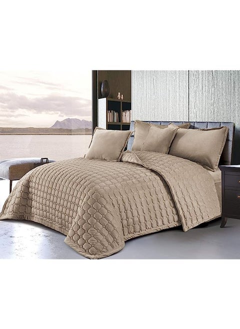 Sided Velvet Comforter Set For All Season, 4 Pcs Soft Bedding Set, Single Size (160 X 210 Cm), Classical Double Side Small Box Stitched Pattern, Sc, Beige2