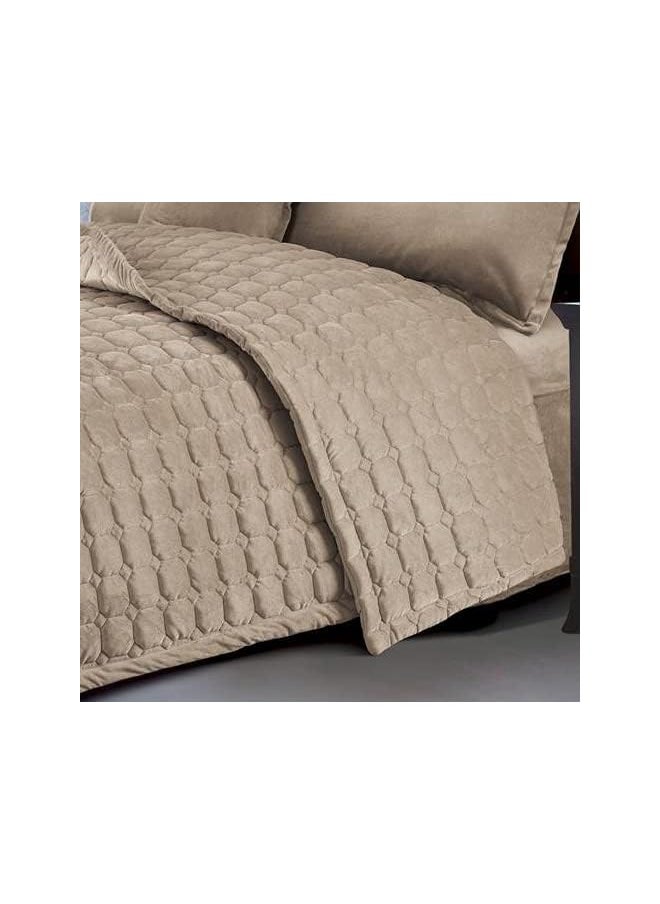 Ming Li - Sided Velvet Comforter Set For All Season, 4 Pcs Soft Bedding Set, Single Size (160 X 210 Cm), Classical Double Side Small Box Stitched Pattern, Sc, Beige2 - Image 1