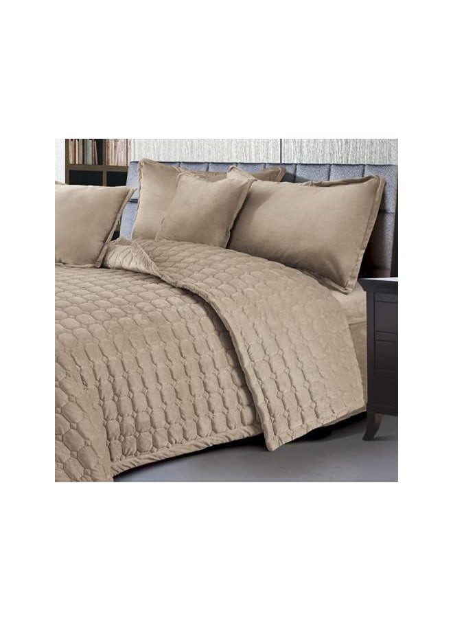 Ming Li - Sided Velvet Comforter Set For All Season, 4 Pcs Soft Bedding Set, Single Size (160 X 210 Cm), Classical Double Side Small Box Stitched Pattern, Sc, Beige2 - Image 1