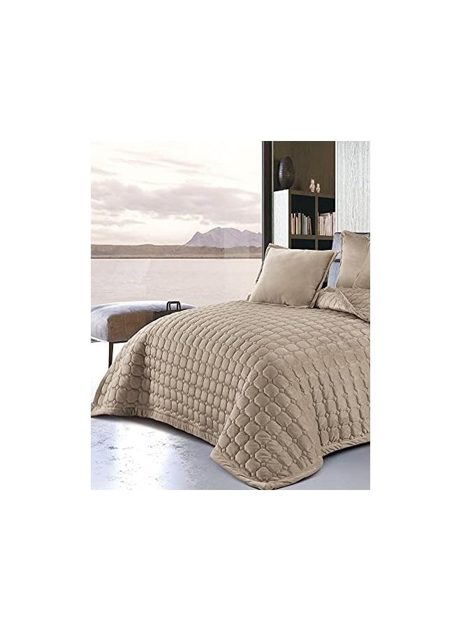 Ming Li - Sided Velvet Comforter Set For All Season, 4 Pcs Soft Bedding Set, Single Size (160 X 210 Cm), Classical Double Side Small Box Stitched Pattern, Sc, Beige2 - Image 1