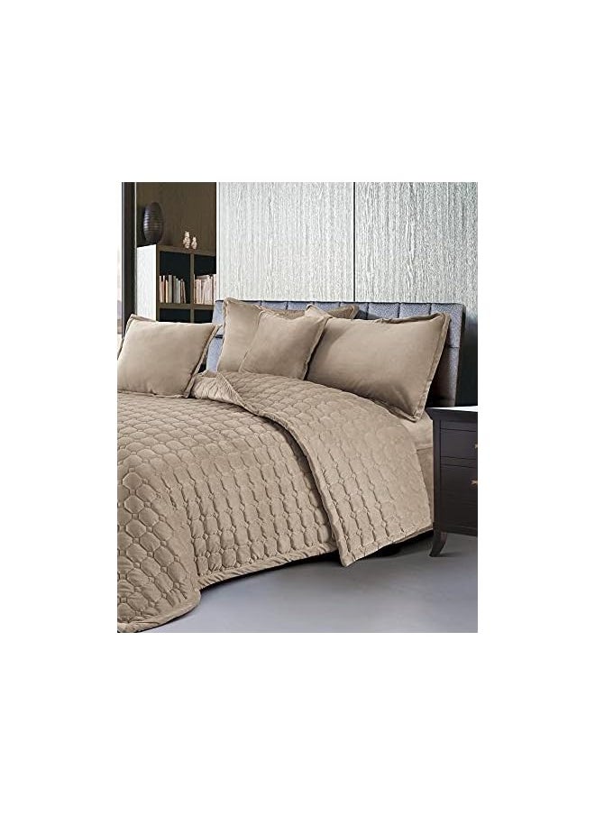Ming Li - Sided Velvet Comforter Set For All Season, 4 Pcs Soft Bedding Set, Single Size (160 X 210 Cm), Classical Double Side Small Box Stitched Pattern, Sc, Beige2 - Image 1
