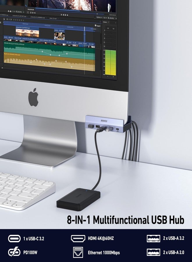 BENFEI 8-in-1 USB C Hub with Secure Clamp - Features 4K@60Hz HDMI, Gigabit Ethernet, 100W PD, 10Gbps 1x USB-C, 2 x USB-A 3.2, 2 x USB-A 2.0 Compatible with MacBook, iPad Pro, iMac, S23, XPS17 - Image 2