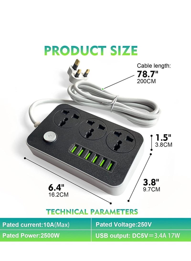 Power Strips Extension Cord 3 Outlets, Power Socket with 6 USB Ports Universal Charging Socket with 2M Bold Extension Cord - Image 5