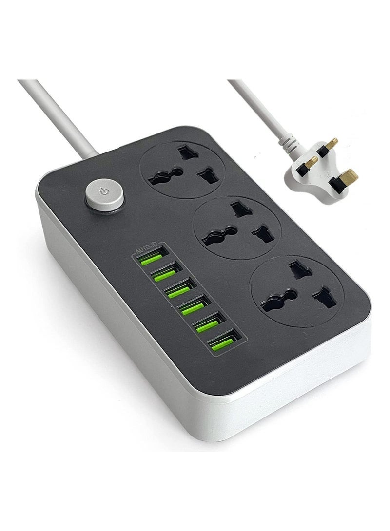 Power Strips Extension Cord 3 Outlets, Power Socket with 6 USB Ports Universal Charging Socket with 2M Bold Extension Cord - Image 1