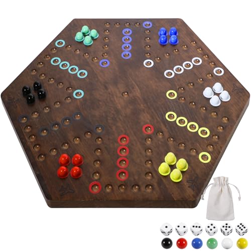 Wahartoly Wahoo Board Game 236 inch Marble Game Board with 24 Glass Marbles and 6 DiceSolid Wood DoubleSided Game Board for 4 or 6 Players Family and Party Game - Image 1