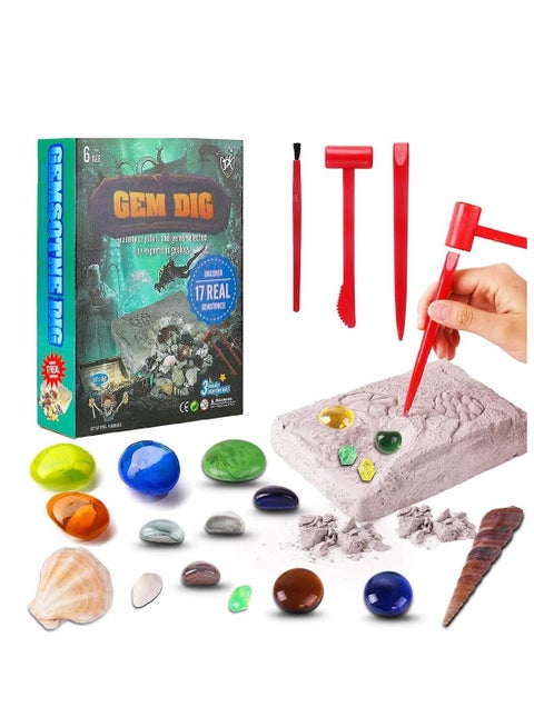 Gems Dig 17 Gemstones Science STEM Educational Learning Kit Kids History Paleontology Archaelogy
