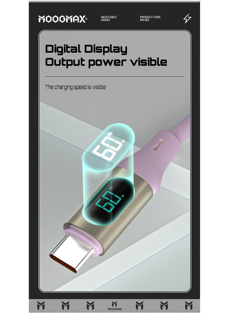 MOOGMAX - Type-C to Type-C Cable made of soft and strong silicon and digital display of charging watt Supports fast charging PD until 60W, 1M length, Compatible with Iphone 15 series, Samsung  and Huawei phones - Image 1