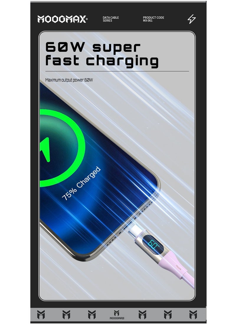 MOOGMAX - Type-C to Type-C Cable made of soft and strong silicon and digital display of charging watt Supports fast charging PD until 60W, 1M length, Compatible with Iphone 15 series, Samsung  and Huawei phones - Image 1