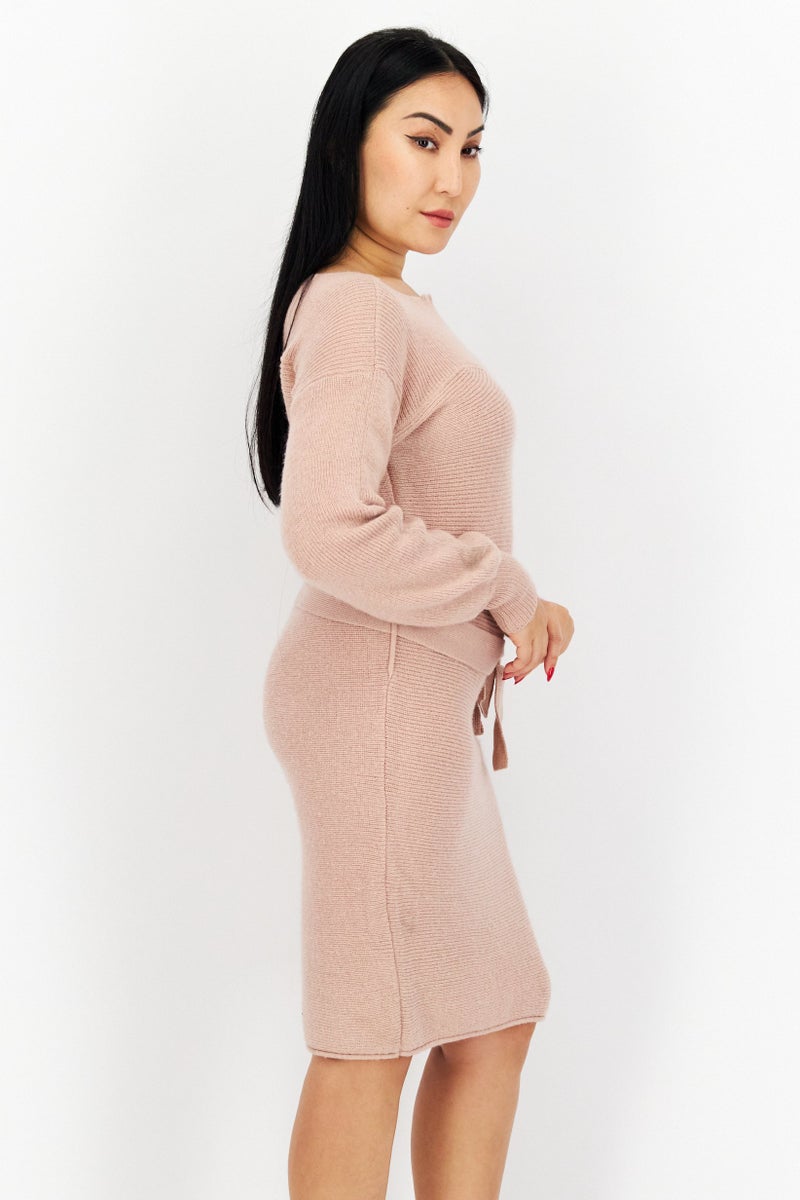 Mohito Women Belted Knitted Midi Dress, Pink - Image 3