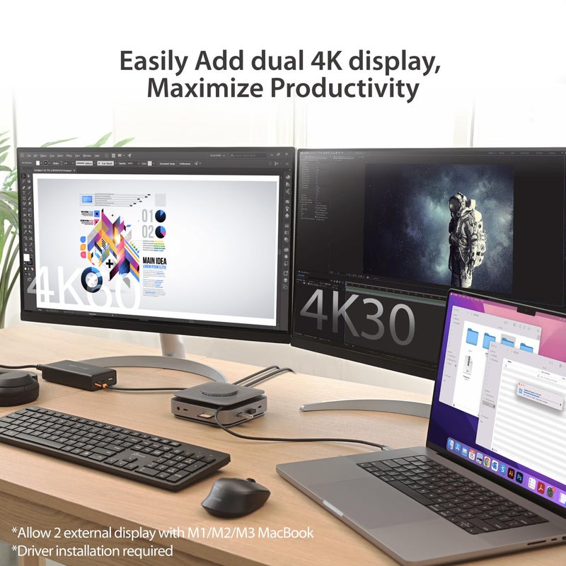 j5create USB-C Dock Dual 4K HDMI - Supports Dual Extended 4K Display for Windows and M1/M2/M3 MacBook, Built-in 15W Magnetic Wireless Charger, USB-A x 2, USB-C x 2, Gigabit ethernet (JCD3199) - Image 3