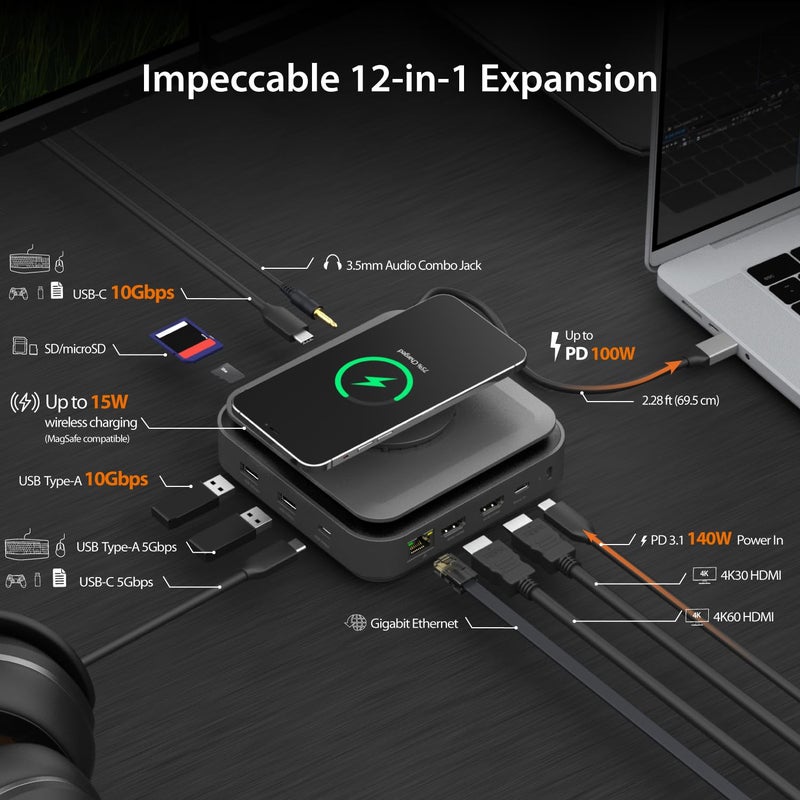 j5create USB-C Dock Dual 4K HDMI - Supports Dual Extended 4K Display for Windows and M1/M2/M3 MacBook, Built-in 15W Magnetic Wireless Charger, USB-A x 2, USB-C x 2, Gigabit ethernet (JCD3199) - Image 2