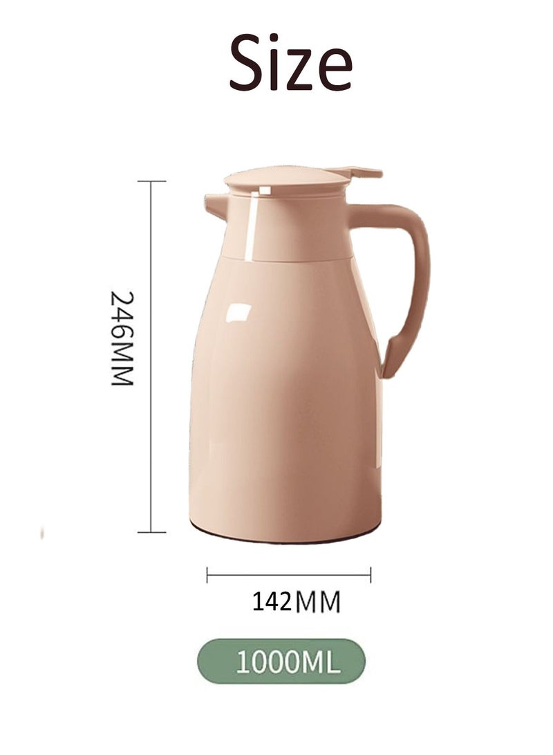 زجاجة ترمس كبيرة سعة 1 لتر - عزل من 7 طبقات للاحتفاظ بالحرارة لفترة طويلة، فوهة مقاومة للغبار، زر ضغط مريح للصب، مادة آمنة على الطعام، مثالية للشاي والقهوة والأنشطة الخارجية (لون قهوة فاتح) - Image 2