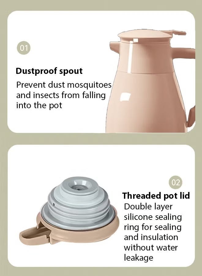 زجاجة ترمس كبيرة سعة 1 لتر - عزل من 7 طبقات للاحتفاظ بالحرارة لفترة طويلة، فوهة مقاومة للغبار، زر ضغط مريح للصب، مادة آمنة على الطعام، مثالية للشاي والقهوة والأنشطة الخارجية (لون قهوة فاتح) - Image 5