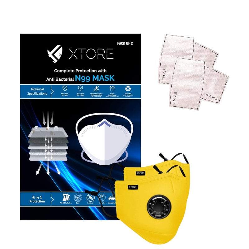 Xtore Certified N99 FDA CE Washable Mask with Replaceable 5 layer filter 2 mask 4 Filter Bright Yellow - Image 1