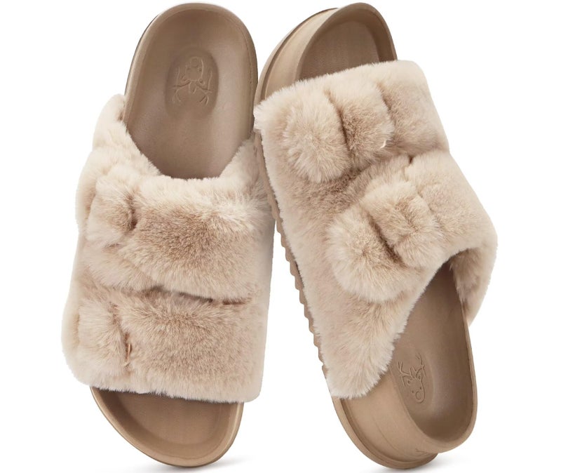 KuaiLu Womens Orthotic Slides Fuzzy House Slipper for Woman Open Toe Fluff Slippers with Arch Support Ladies Fashion Platform Soft Cushion Recovery Sandals Size 8 - Image 1