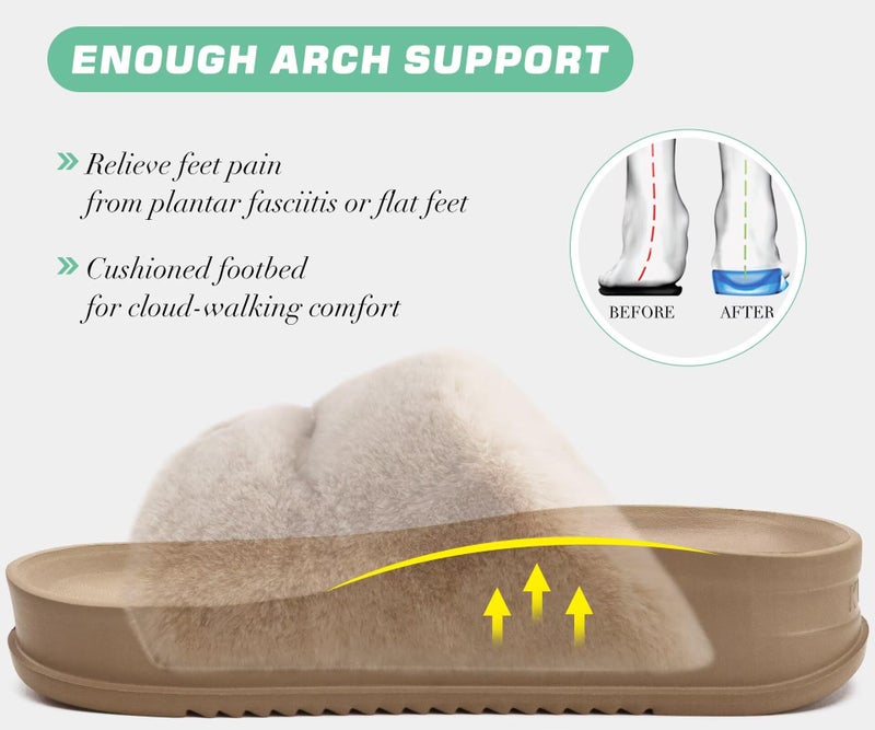 KuaiLu Womens Orthotic Slides Fuzzy House Slipper for Woman Open Toe Fluff Slippers with Arch Support Ladies Fashion Platform Soft Cushion Recovery Sandals Size 8 - Image 3