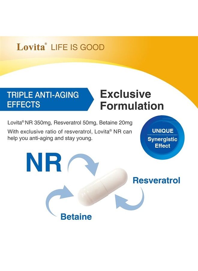 Lovita مكمل NR 350 مجم، مشابه لـ NMN، ريبوسيد النيكوتيناميد القوي مع الريسفيراترول والبيتين، مكمل عالي الامتصاص ومستقر من NAD لشيخوخة صحية، نباتي، 30 كبسولة - Image 2