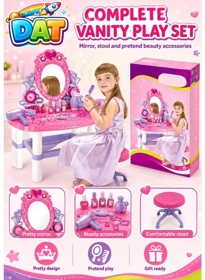DAT Kids Pretend Play Beauty Dresser Vanity Table Set with Light, Music & Play Hair Dryer, Princess Dressing Table Role Play Kit with Mirror & Chair for Girls, Pink - Image 4