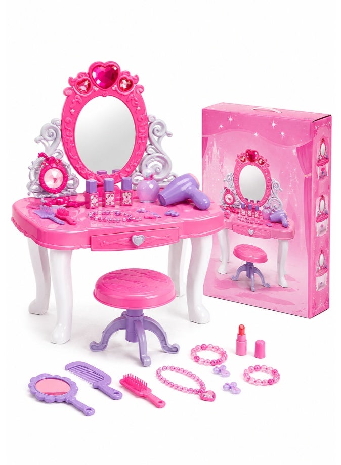 DAT Kids Pretend Play Beauty Dresser Vanity Table Set with Light, Music & Play Hair Dryer, Princess Dressing Table Role Play Kit with Mirror & Chair for Girls, Pink - Image 5