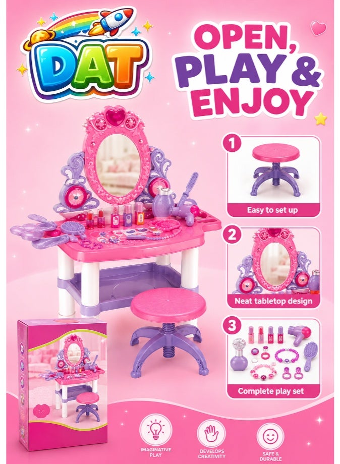 DAT Kids Pretend Play Beauty Dresser Vanity Table Set with Light, Music & Play Hair Dryer, Princess Dressing Table Role Play Kit with Mirror & Chair for Girls, Pink - Image 3