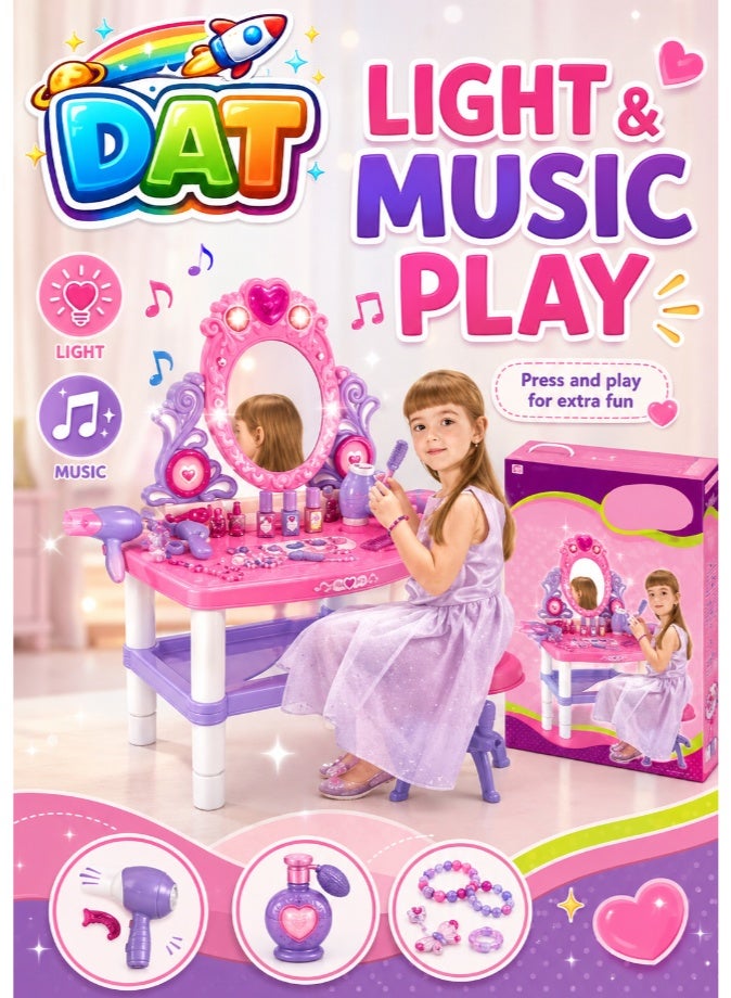 DAT Kids Pretend Play Beauty Dresser Vanity Table Set with Light, Music & Play Hair Dryer, Princess Dressing Table Role Play Kit with Mirror & Chair for Girls, Pink - Image 1