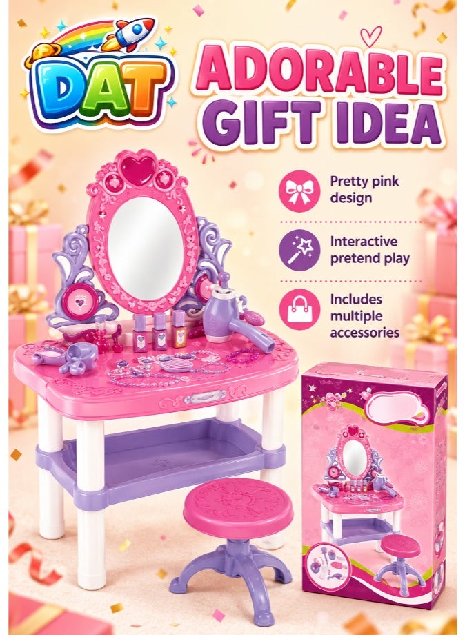 DAT Kids Pretend Play Beauty Dresser Vanity Table Set with Light, Music & Play Hair Dryer, Princess Dressing Table Role Play Kit with Mirror & Chair for Girls, Pink - Image 2