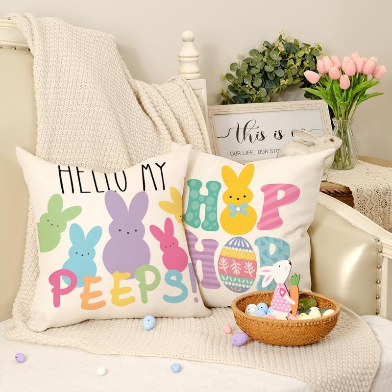 GEEORY Easter Pillow Covers 18x18 Set of 4 Easter Decorations for Home Bunny Truck Hello Peeps Hip Hop Decorative Throw Pillows Spring Easter Farmhouse Decor - Image 4