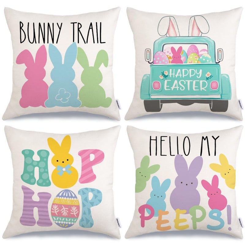 GEEORY Easter Pillow Covers 18x18 Set of 4 Easter Decorations for Home Bunny Truck Hello Peeps Hip Hop Decorative Throw Pillows Spring Easter Farmhouse Decor - Image 1