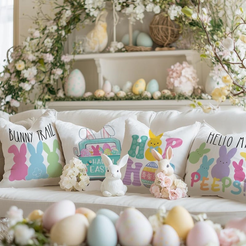 GEEORY Easter Pillow Covers 18x18 Set of 4 Easter Decorations for Home Bunny Truck Hello Peeps Hip Hop Decorative Throw Pillows Spring Easter Farmhouse Decor - Image 2