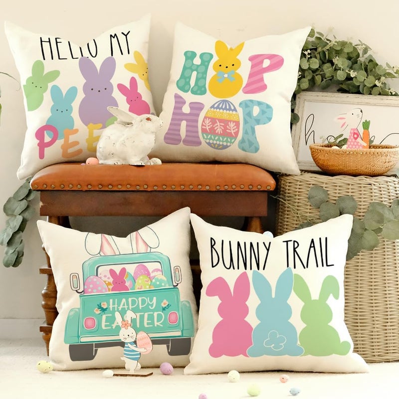 GEEORY Easter Pillow Covers 18x18 Set of 4 Easter Decorations for Home Bunny Truck Hello Peeps Hip Hop Decorative Throw Pillows Spring Easter Farmhouse Decor - Image 5