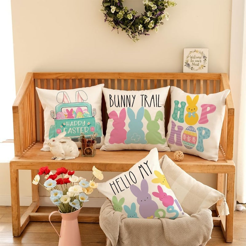 GEEORY Easter Pillow Covers 18x18 Set of 4 Easter Decorations for Home Bunny Truck Hello Peeps Hip Hop Decorative Throw Pillows Spring Easter Farmhouse Decor - Image 3