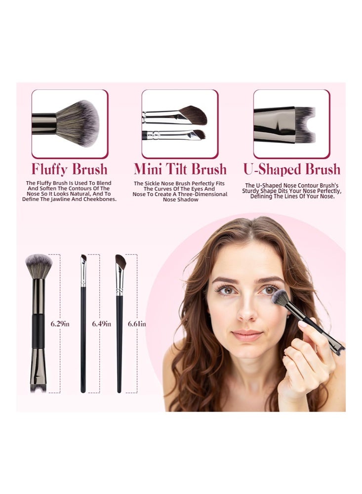 DNM 3 Pcs Sculpting Dual-End Nose Brush, 2-In-1 U-Shaped Brush and Fluffy Brush - Foundation Pinsel Contour Brush - for Precise Nose and Face Contouring (Black) - Image 2
