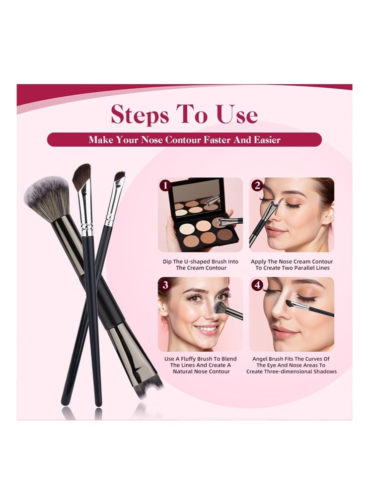 DNM 3 Pcs Sculpting Dual-End Nose Brush, 2-In-1 U-Shaped Brush and Fluffy Brush - Foundation Pinsel Contour Brush - for Precise Nose and Face Contouring (Black) - Image 5