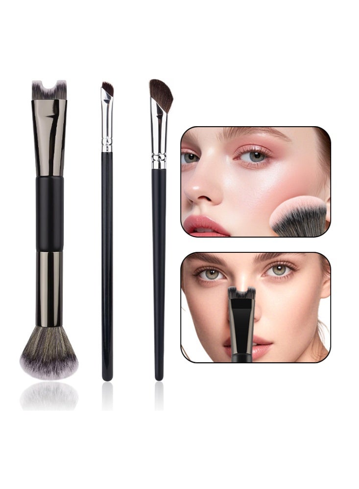 DNM 3 Pcs Sculpting Dual-End Nose Brush, 2-In-1 U-Shaped Brush and Fluffy Brush - Foundation Pinsel Contour Brush - for Precise Nose and Face Contouring (Black) - Image 1