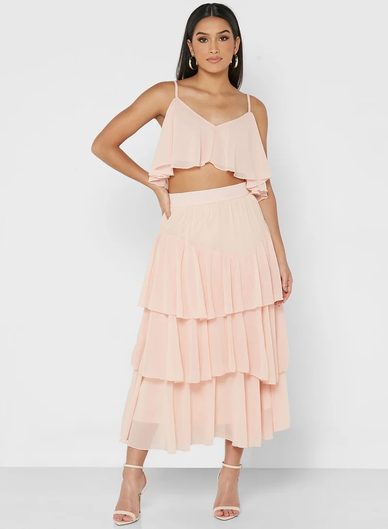 boohoo Cold Shoulder Ruffle Detail Crop Top & Skirt Set