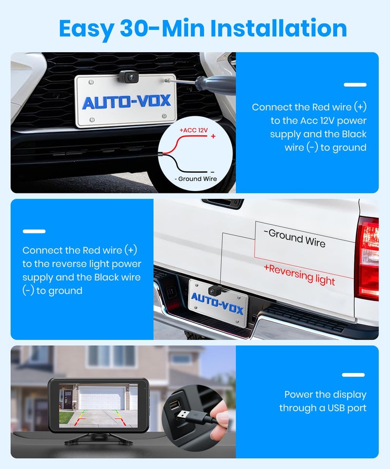 AUTO-VOX Wireless Backup Camera:1080P HD Dual-Channel Monitor, Easy Installation,Stable Digital Transmission Signal,IP69K Waterproof Night Vision Back Up Camera for Truck,SUV,Car,Vans - Image 3