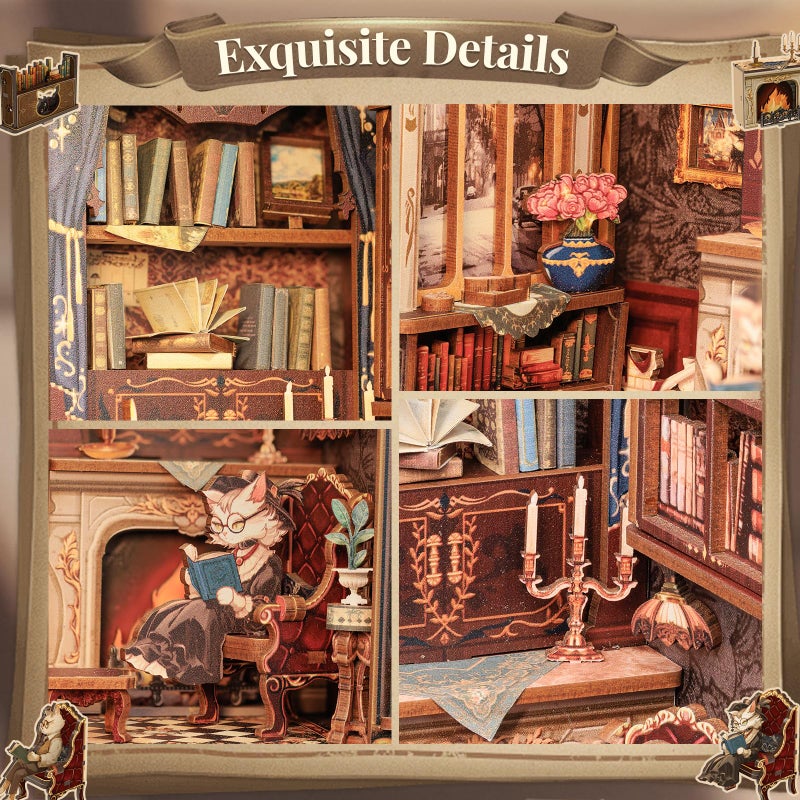 CUTEBEE DIY Book Nook Kit, Miniature House Kits for Adult and Teens, DIY Miniature Book Nook kit with Sensor Led Light, Gifts for Lovers and Family (Count Cat's Study) - Image 5