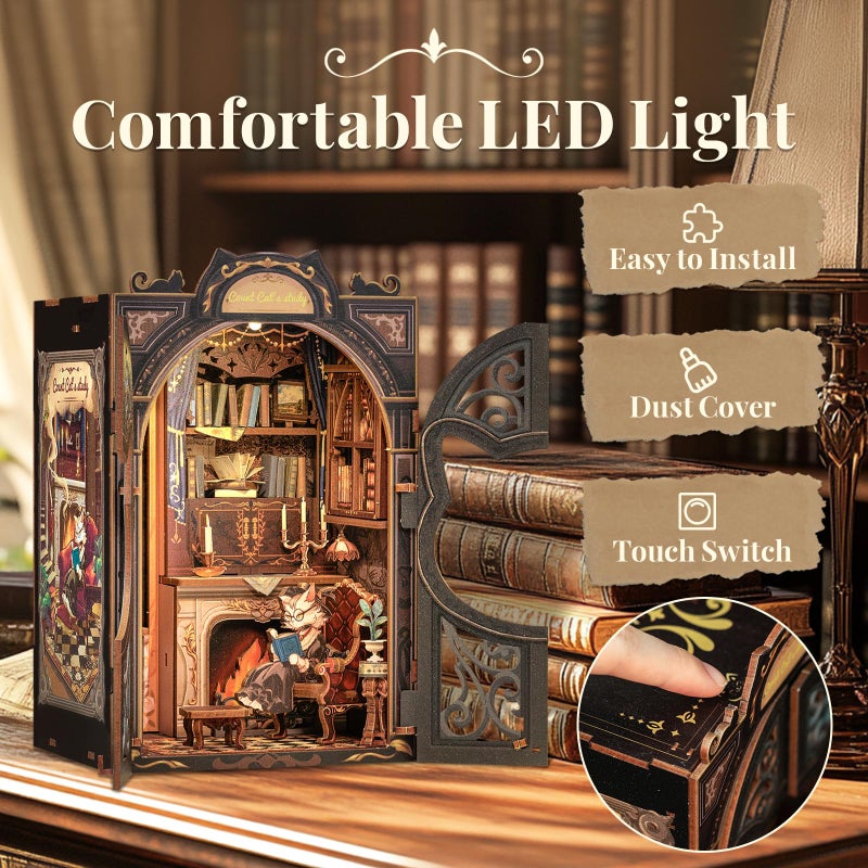 CUTEBEE DIY Book Nook Kit, Miniature House Kits for Adult and Teens, DIY Miniature Book Nook kit with Sensor Led Light, Gifts for Lovers and Family (Count Cat's Study) - Image 4