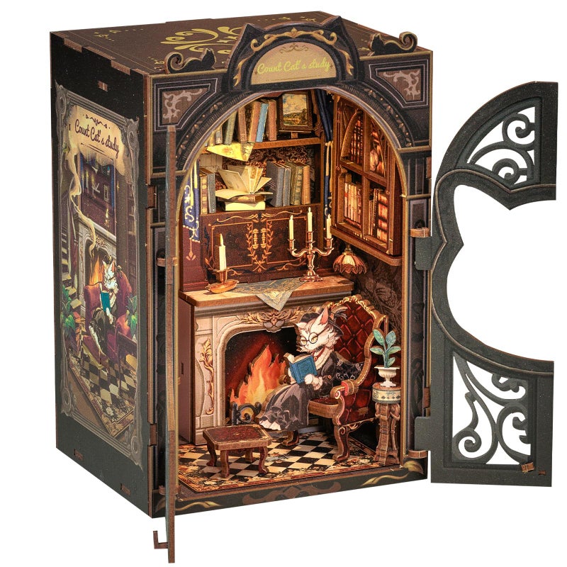 CUTEBEE DIY Book Nook Kit, Miniature House Kits for Adult and Teens, DIY Miniature Book Nook kit with Sensor Led Light, Gifts for Lovers and Family (Count Cat's Study) - Image 1