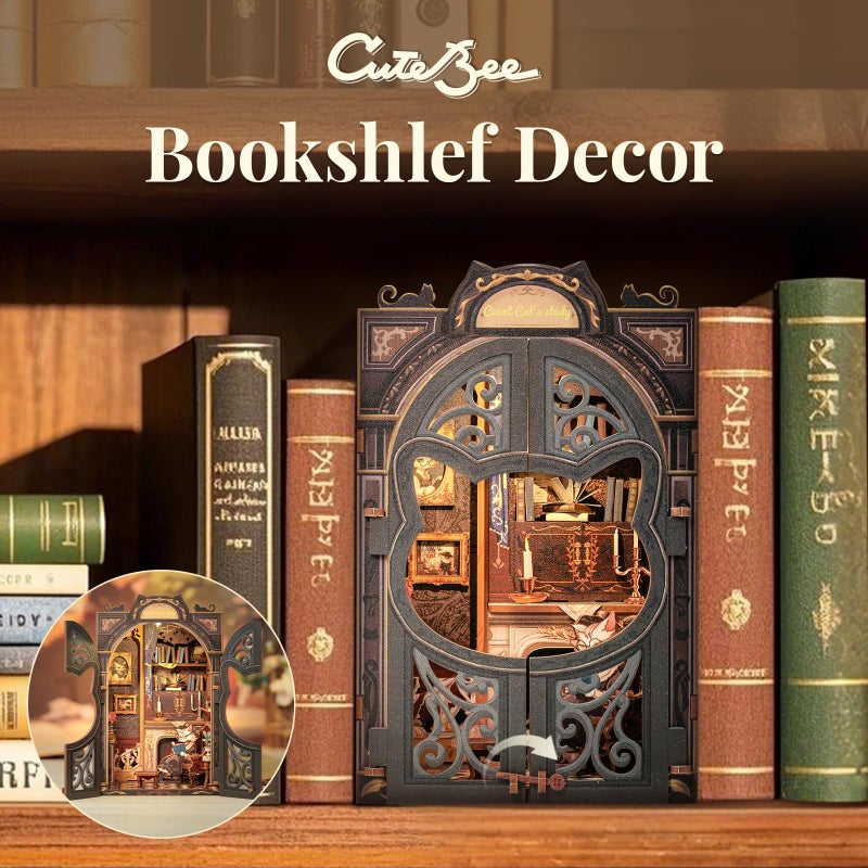 CUTEBEE DIY Book Nook Kit, Miniature House Kits for Adult and Teens, DIY Miniature Book Nook kit with Sensor Led Light, Gifts for Lovers and Family (Count Cat's Study) - Image 3