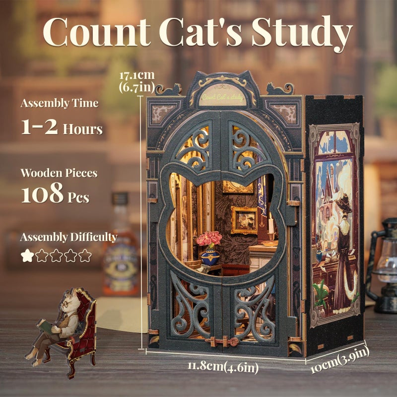 CUTEBEE DIY Book Nook Kit, Miniature House Kits for Adult and Teens, DIY Miniature Book Nook kit with Sensor Led Light, Gifts for Lovers and Family (Count Cat's Study) - Image 2